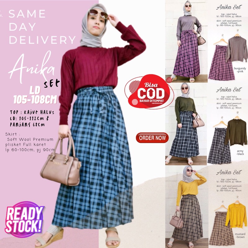 Anika Baju Set Wanita Kekinian Atasan Rajut Premium  Bawahan Rok Skirt Soft Wool Plisket Full Karet