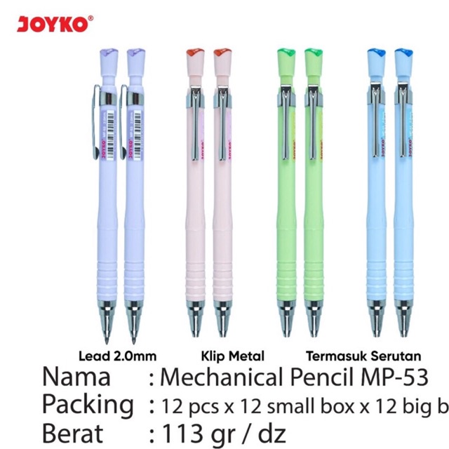 

( 1 pcs ) Mp53 Joyko Mechanical Pencil / Pencil Mekanik MP-53 ketebalan 2.0 dengan rautan warna Pastel ( harga 1 pcs )