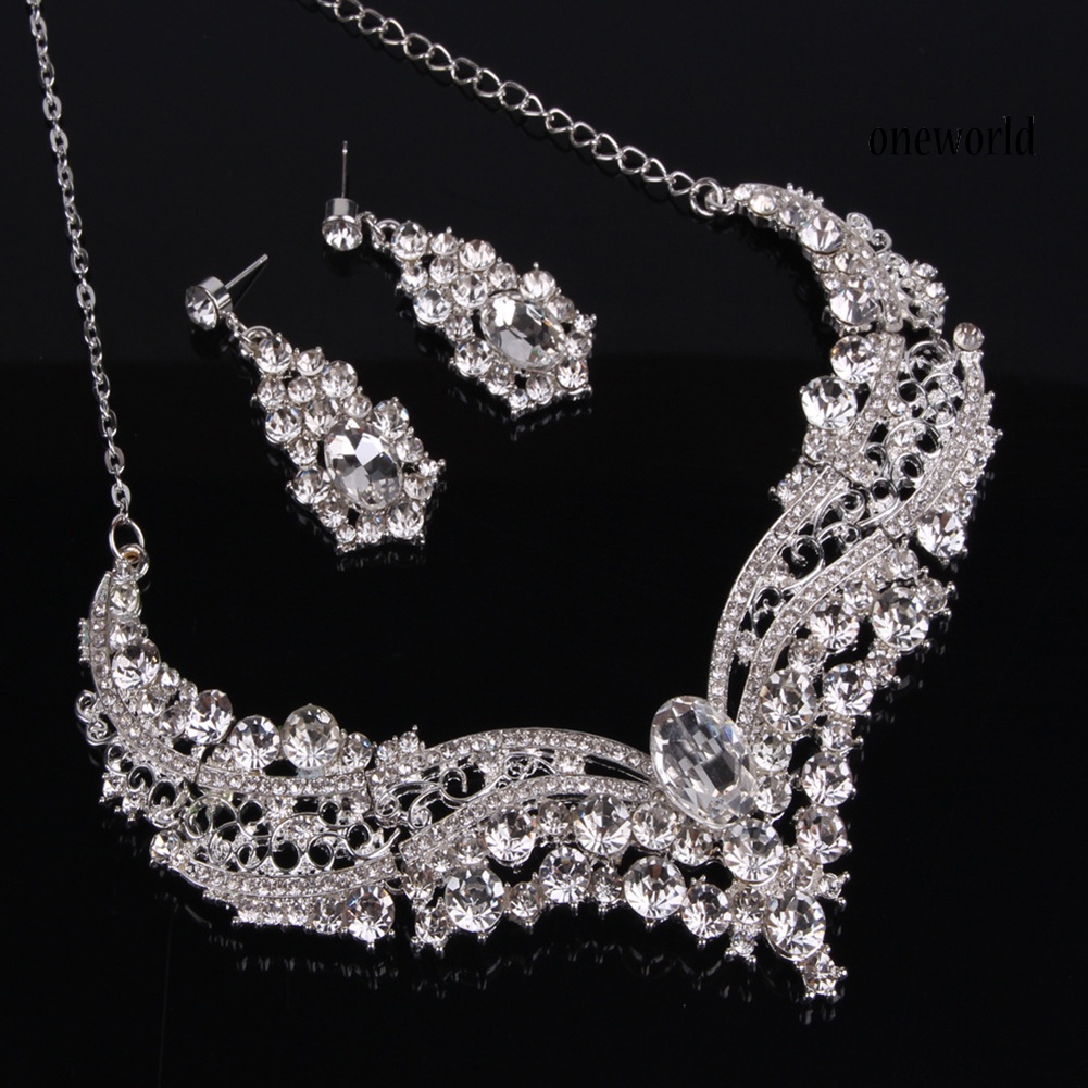 OW@ Wedding Bridal Queen Style Fully Shiny Rhinestone Necklace Earrings Jewelry Set