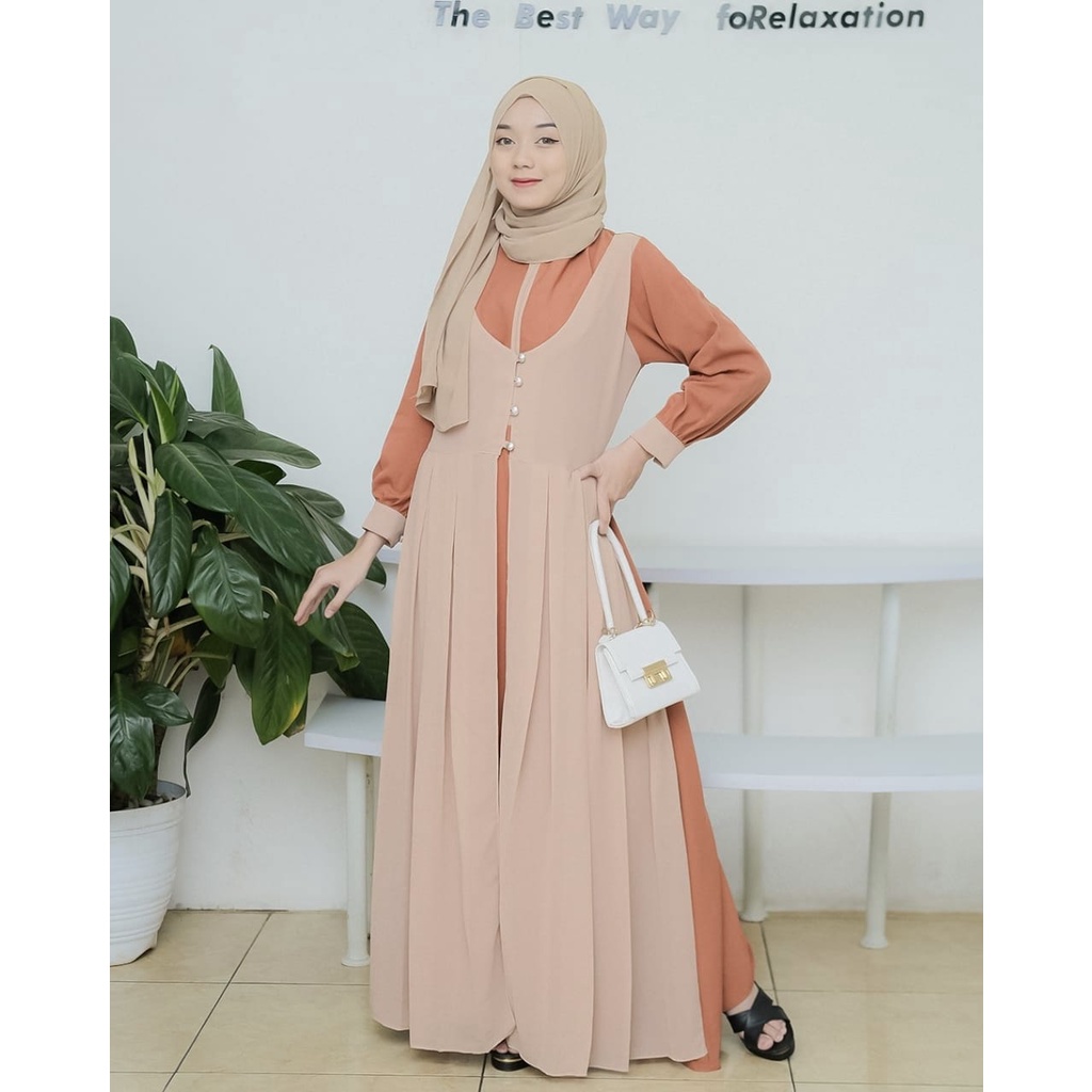 Gamis narnia itycrepe mix ceruty layer modern maxidress syari busana muslim wanita fashion ootd fashionable muslimah terbaru modis kondangan lebaran hits selebgram free ongkir reseller dropshiper