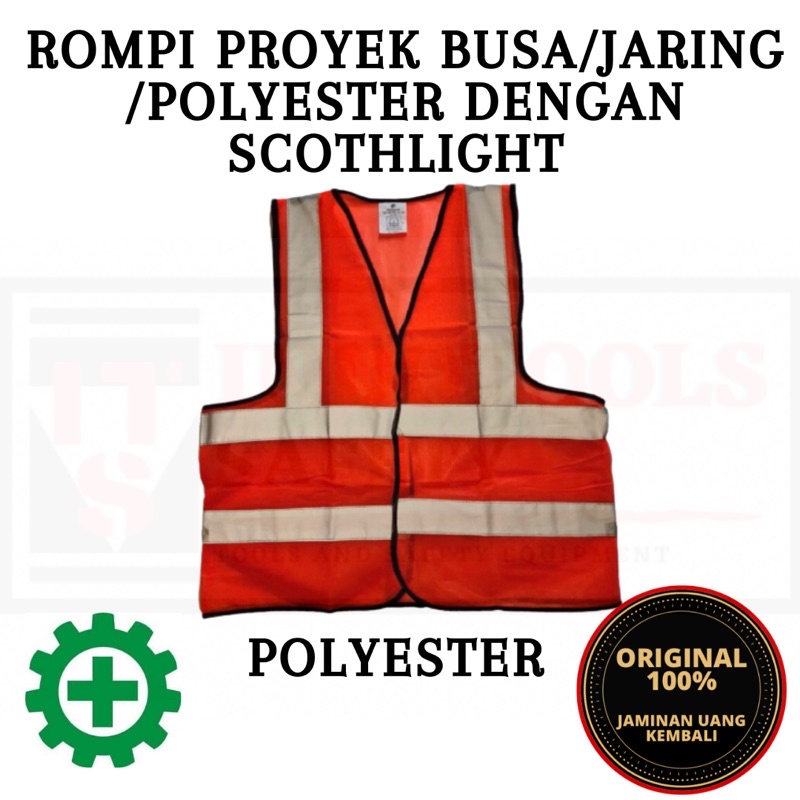 ROMPI SAFETY PROYEK V LINE KERJA ORANGE / HIJAU STABILO / BIRU / MERAHJARING / BUSA / POLYESTER 4GARIS GOSAVE GARANSI MURAH ROMPI PROYEK