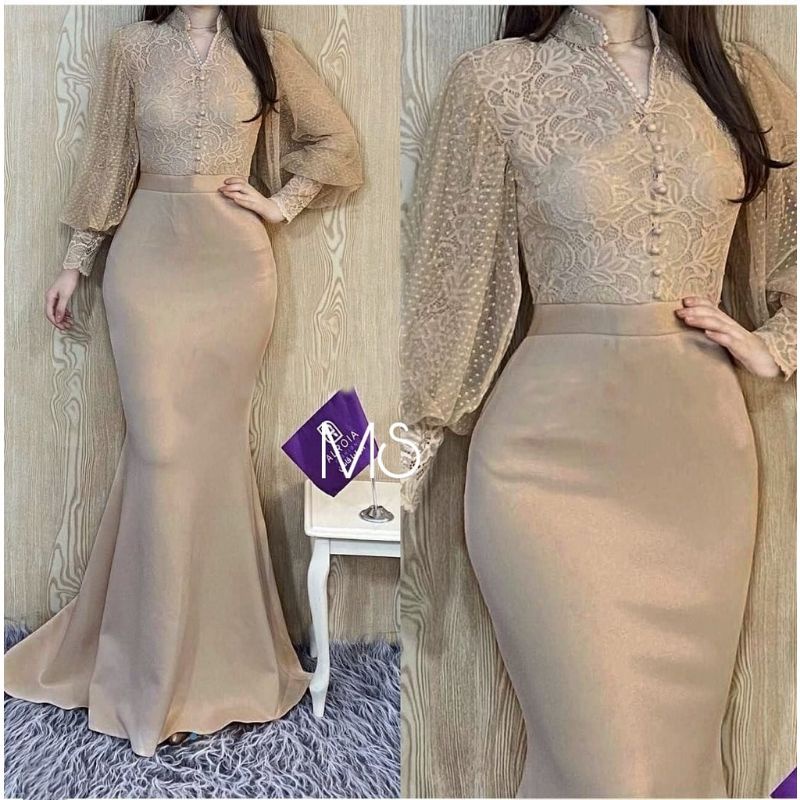 Gamis Brukat Remaja Wanita Jumbo Lebaran Terbaru 2022 Maxi Alodia Model Duyung Motif Polos Aplikasi 