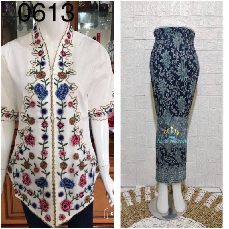 SETELAN KEBAYA MODERN ALEXUEZ KATUN LINEN BORDIR TIMBUL ORGANDI  TANGAN PENDEK+ROK PANJANG SIZE S-XX