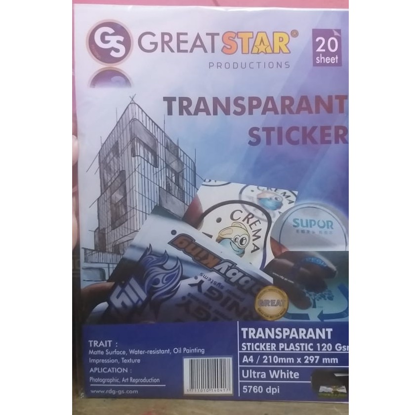 

Sticker Kertas Stiker Transparan Glossy Waterproof 20 Lbr A4 Greatstar (Original)