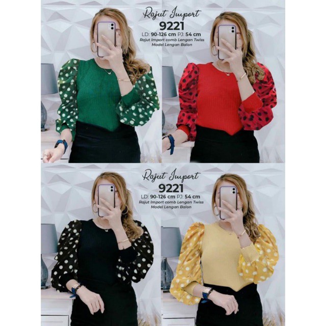 Atasan Blouse Lengan Balon Polka Knit Rajut Import Kombi Twiscone Kode 9221 Import