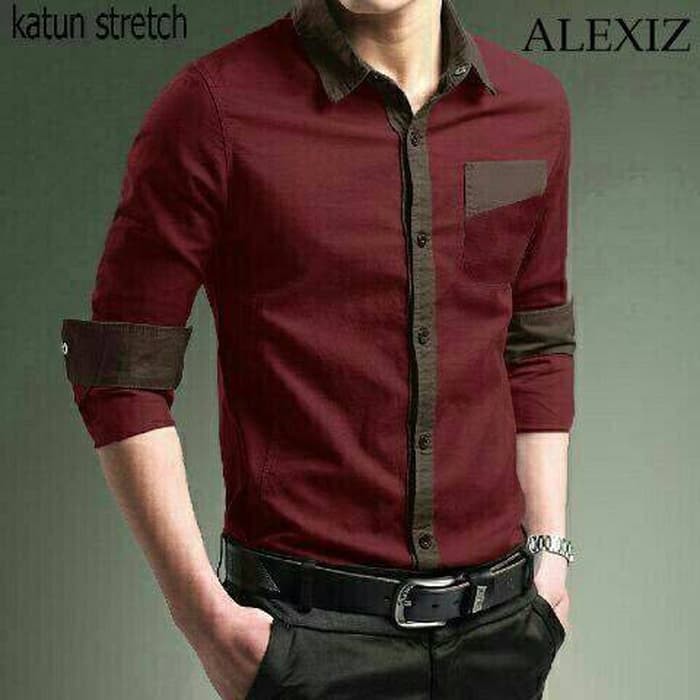 [Hem alexis OT] pakaian pria kemeja slim fit warna maroon kombi coklat