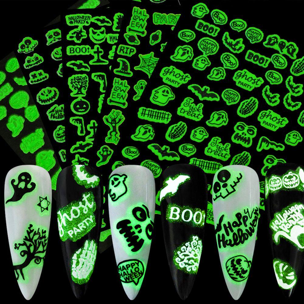 AUGUSTINA Agustinina Halloween Kuku Stiker Musim Dingin Kelelawar Hantu Putih &amp; Hitam Pesta Halloween Glow in the Dark Neon Nail Decals