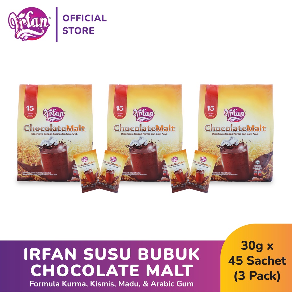 

IRFAN Susu Bubuk Chocolate Malt Formula Kurma & Arabic Gum 30gr x 45s (3Box)