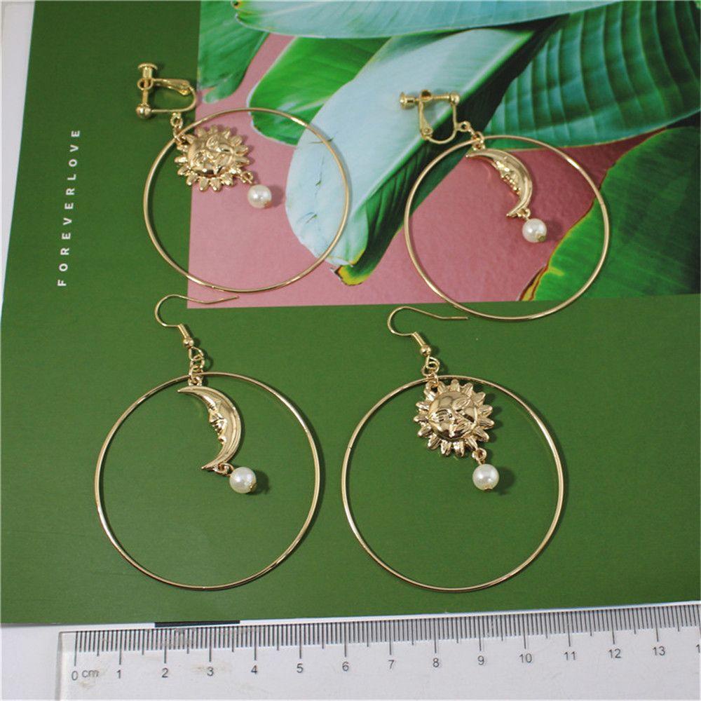 R-bunga Menjuntai Anting Drop Anting Emas Ear Clip Pendant Earrings Sun moon