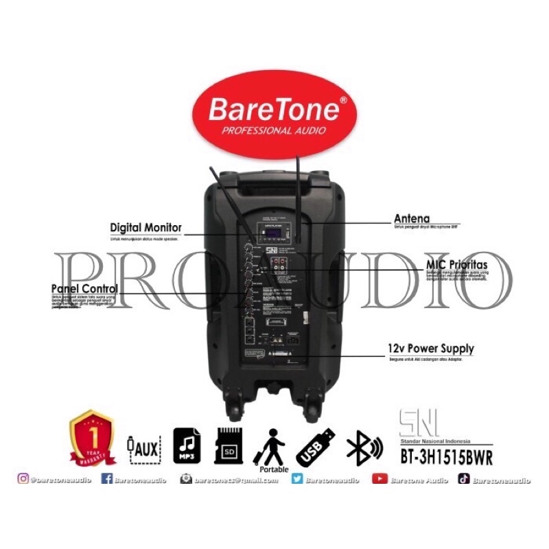 speaker portable baretone 15 inch BT-3H1515BWR 2 handheld original