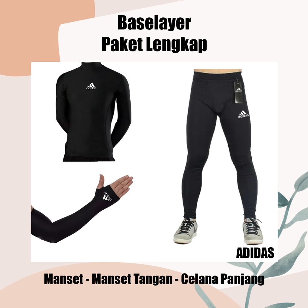 Paket Lengkap Baselayer Lengan Panjang Kaos Celana Panjang Hitam Base Layer ADIDAS Olahraga Volley Voli Futsal Sepak Bola Sepeda Basket