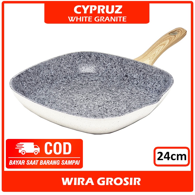 Cypruz 24cm Frying Grill Pan Granite Putih | Pemanggang Bbq Anti Lengket | Wajan Keramik Tanpa Minya
