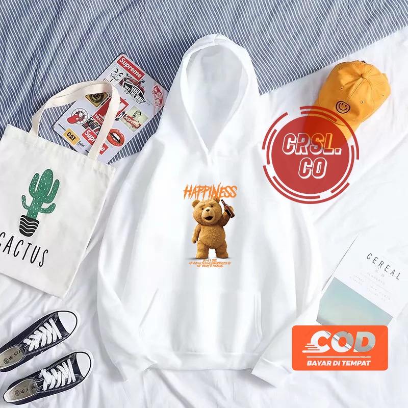 HOODIE SWEATER CREWNECK TEDDY BEAR HYAPPINESS CREAM KUALITAS DISTRO CASUAL MURAH TEBAL NYAMAN DI PAKAI COD