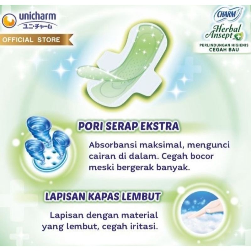 CHARM Pembalut Herbal Ansept + 26cm isi 14 Wings Pad Higienis