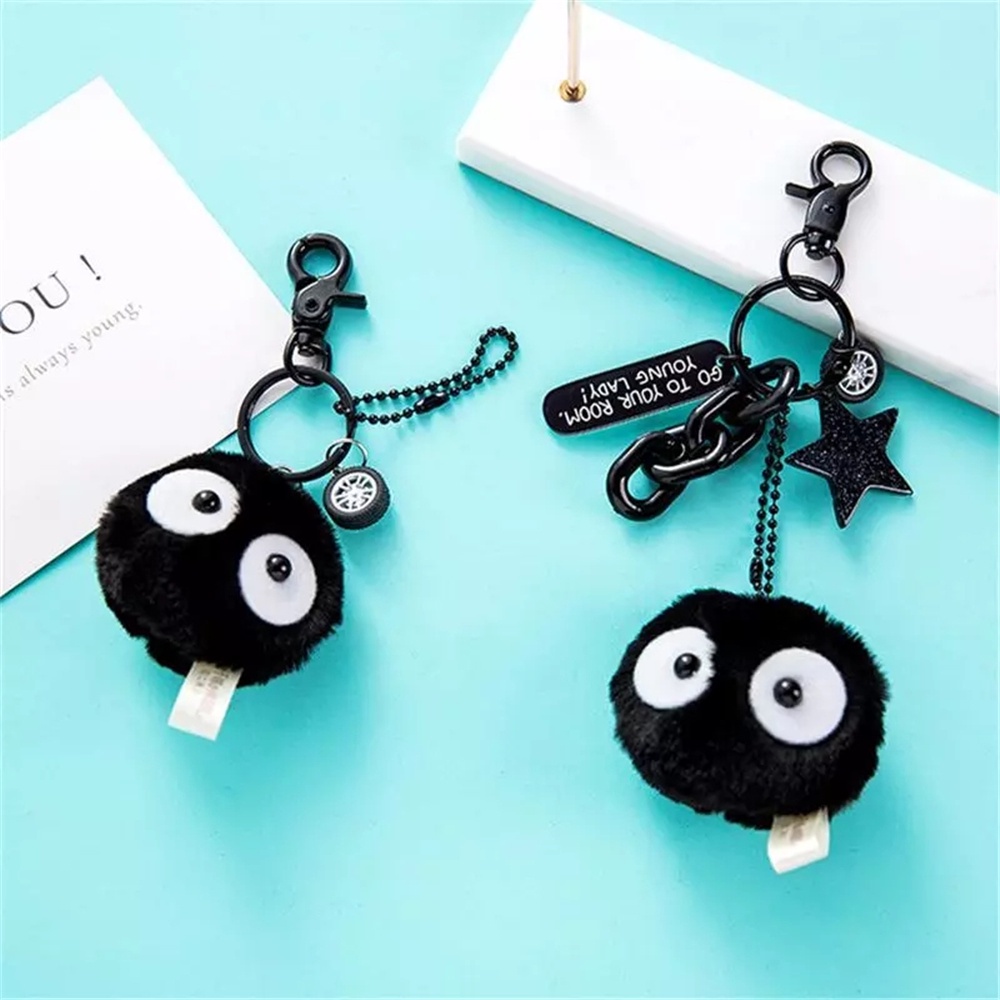 Needway  Portable Plush Keychains Miyazaki Hayao Totoro Bag Decorate KeyRings Cute Spirited Away Japan Cartoon Schoolbag Accessories Carbon Coal Ball Elf Doll Small Pedants