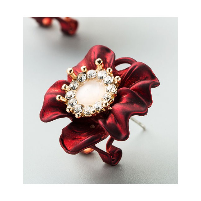 LRC Anting Tusuk Fashion Red Alloy Spray Paint Flower Opal Earrings D38965