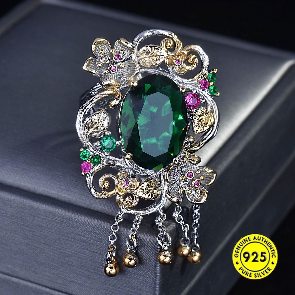 Tassel Colored Gems Ring Emerald Flowers Openings