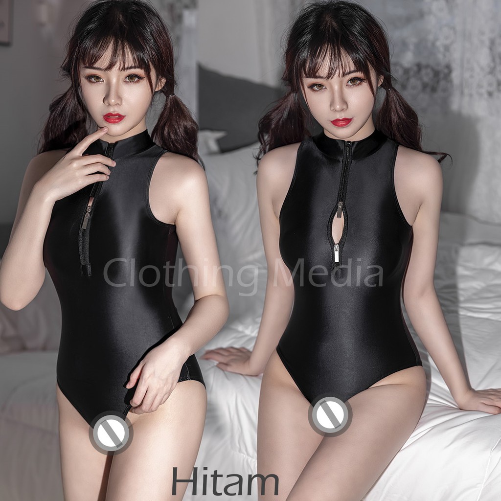 Baju Leotard Silky Premium Sukumizu Zipper Depan Bodysuit Mizugi Halus Glossy