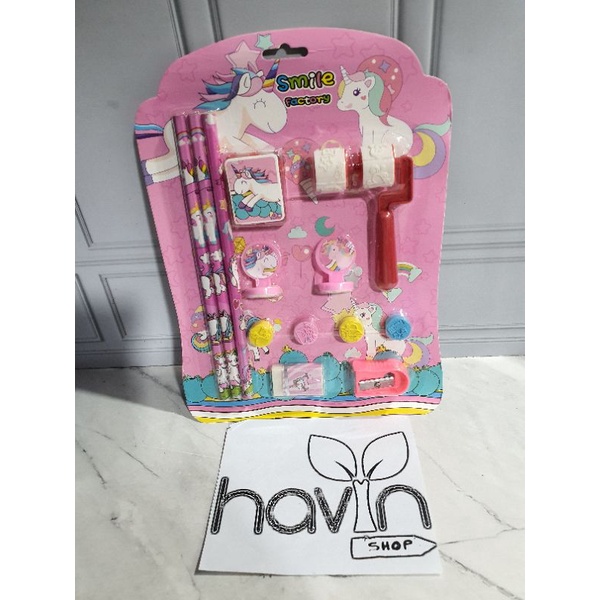 paket alat tulis/stationery set/study set ada CAP dan ROLLER stampel-UNICORN ROLLER