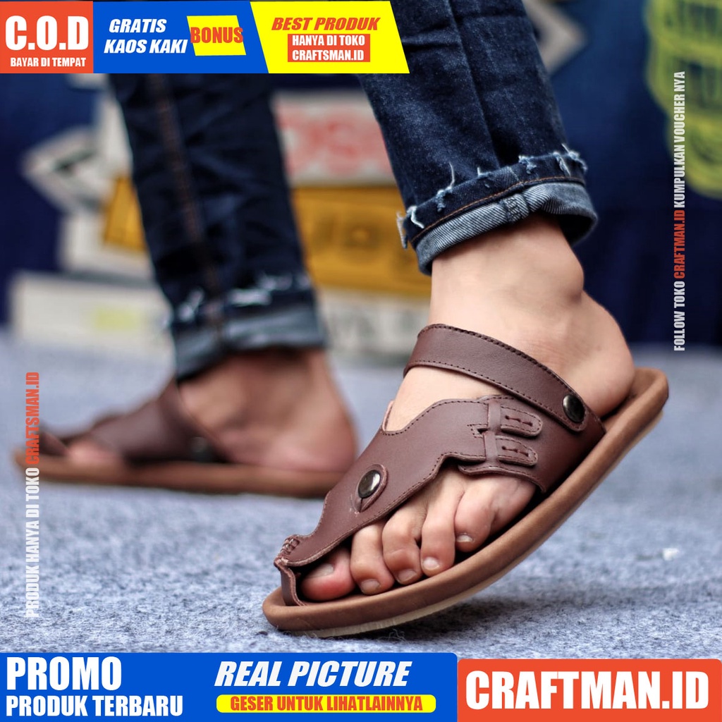 CRAFTS LUCKY SANDAL KULIT PRIA BLACK BROWN SENDAL CASUAL JEPIT PRIA