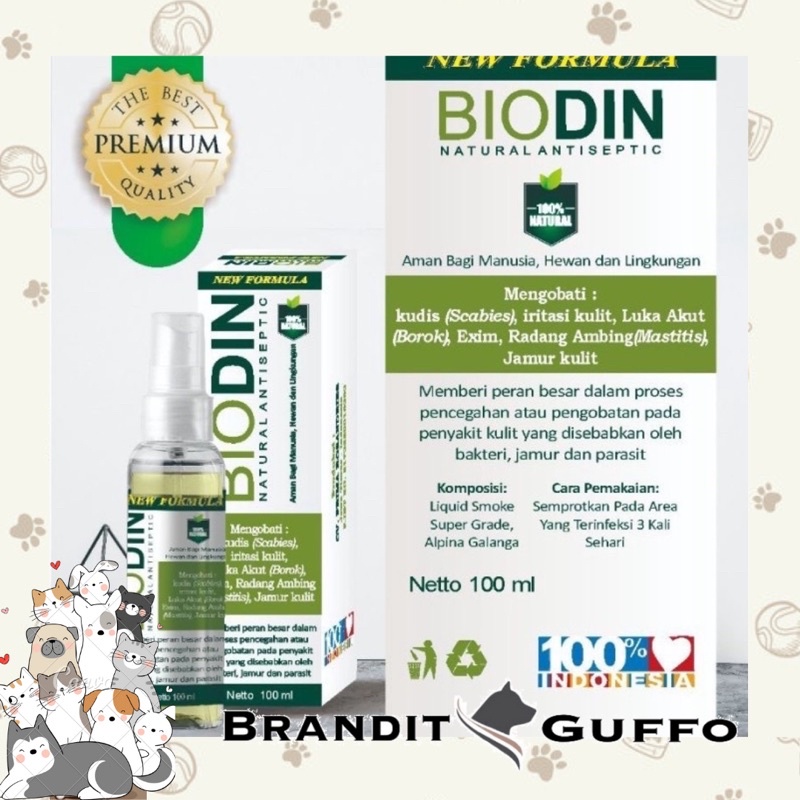 Biodin spray 100 ml obat jamur scabies parasit penyakit kulit luka dog cat kucing anjing