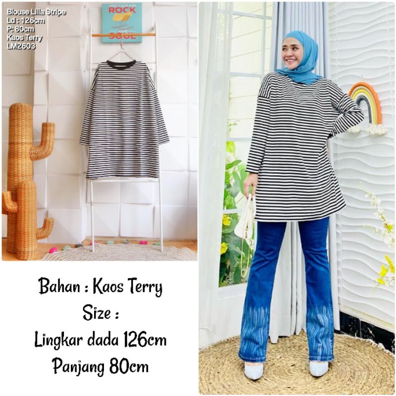 BJ Atasan Blouse Kaos Babyterry Garis Garis Wanita Jumbo Lengan Panjang Ld 120 Lilla Stripe Blus