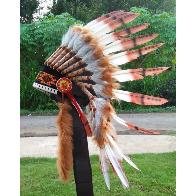 TOPI INDIAN  COKLAT topi apache indian hat watbonnet bulu angsa