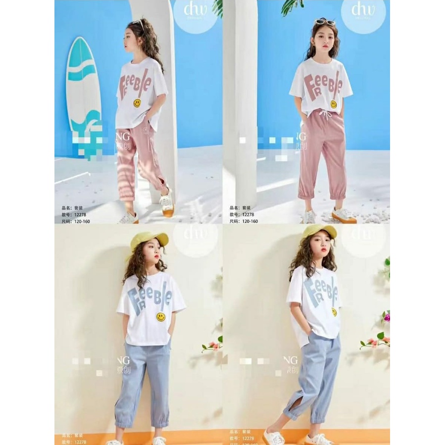 Setelan Baju Celana Joger Anak Perempuan Model Korea Freeble Smile Premium Impor Umur 7-11 Tahun