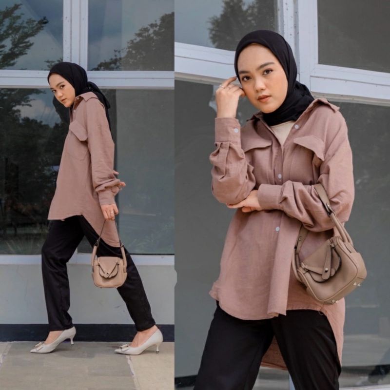 NINDY OVERSIZE LINEN POCKET SHIRT - KEMEJA WANITA POCKET SHIRT