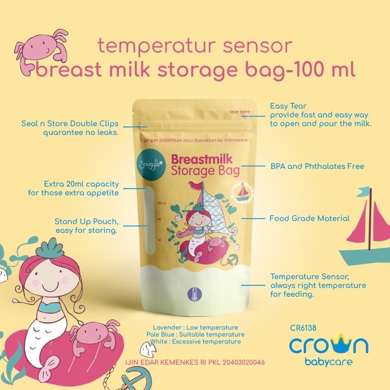 CROWN Kantong asi 120 ml (100 + ekstra 20 ml) dengan SENSOR PANAS Babycare Breastmilk Storage Asip