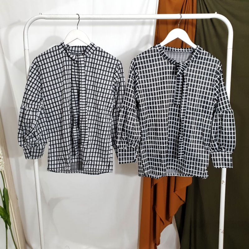 Blouse Wanita Lengan Panjang Houndstooth Puffy Jonna LD 100cm Pjg 65cm FIt L-XL