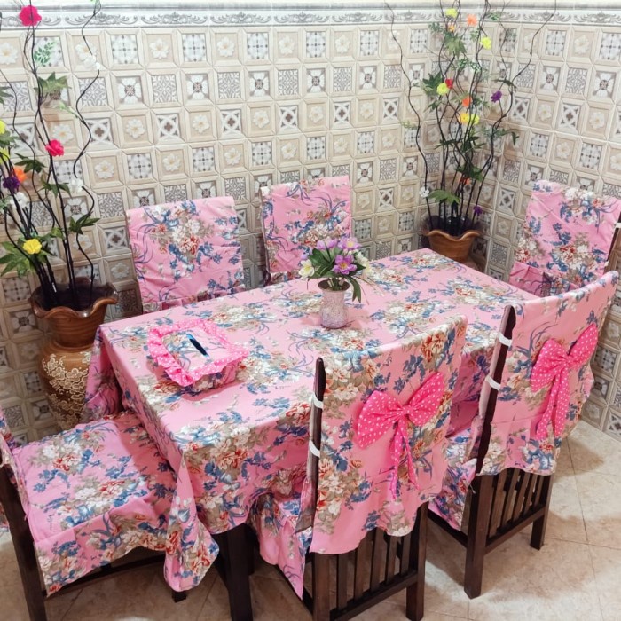 Taplak Meja Makan - Set Meja Makan, Sarung Kursi 6, Tutup Tisu Dan Taplak Meja Makan