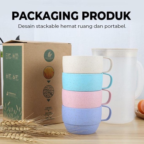 Teko Set Gelas Plastik 5 Pcs Bahan Jerami Wheat Straw Warna Warni / Teko + Gelas Bahan Jerami CF-11 / Ketel Set Cangkir Warna / teko gelas set / teko jus / cangkir teh plastik /  gelas kopi