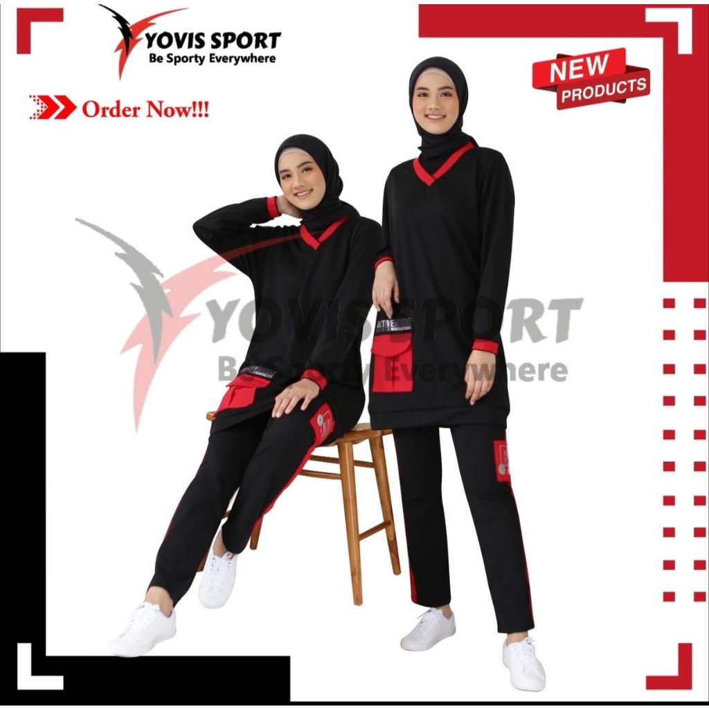 Yovis Setelan Sablon baju olahraga muslimah Alnita pakaian kaos setelan senam adem murah tebal train
