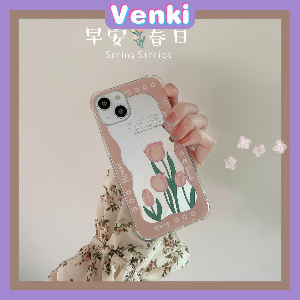 iPhone Case Acrylic HD Makeup Mirror Airbag Shockproof Protection Camera Green Pink Flowers Compatible For iPhone 11 iPhone 13 Pro Max iPhone 12 Pro Max iPhone 7 Plus iPhone xr