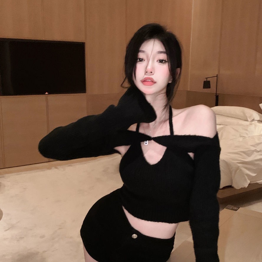 impor satu bahu halterneck rajutan kemeja bottoming sweater wanita atasan lengan panjang pendek