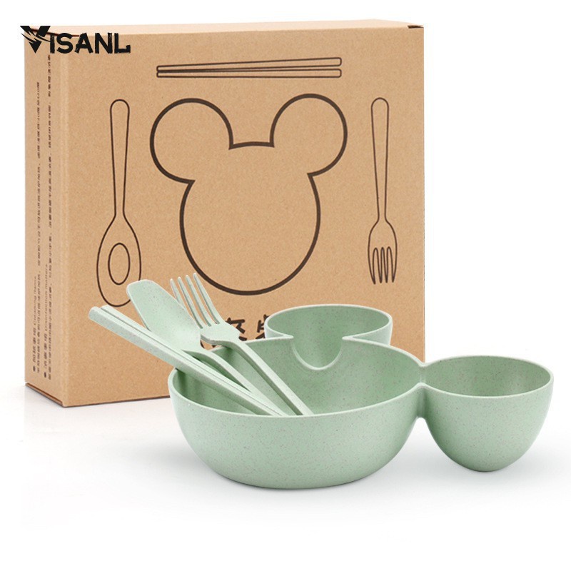 Mangkok Set Peralatan Makan Anak 4 in1Bahan Jerami Gandum Children Tableware Piring Kartun VS-25-Hijau