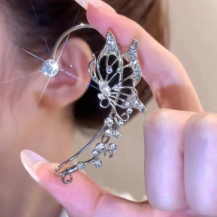 Anting Hoop Zircon Berlian Imitasi Model Kupu-Kupu Menjuntai Gaya Korea Untuk Wanita