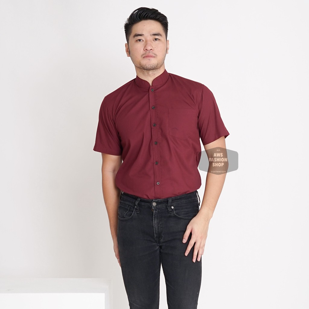 Kemeja Pria Lengan Pendek Polos Kerah Shanghai Koko Merah Maroon Cowok Casual Slimfit 3351