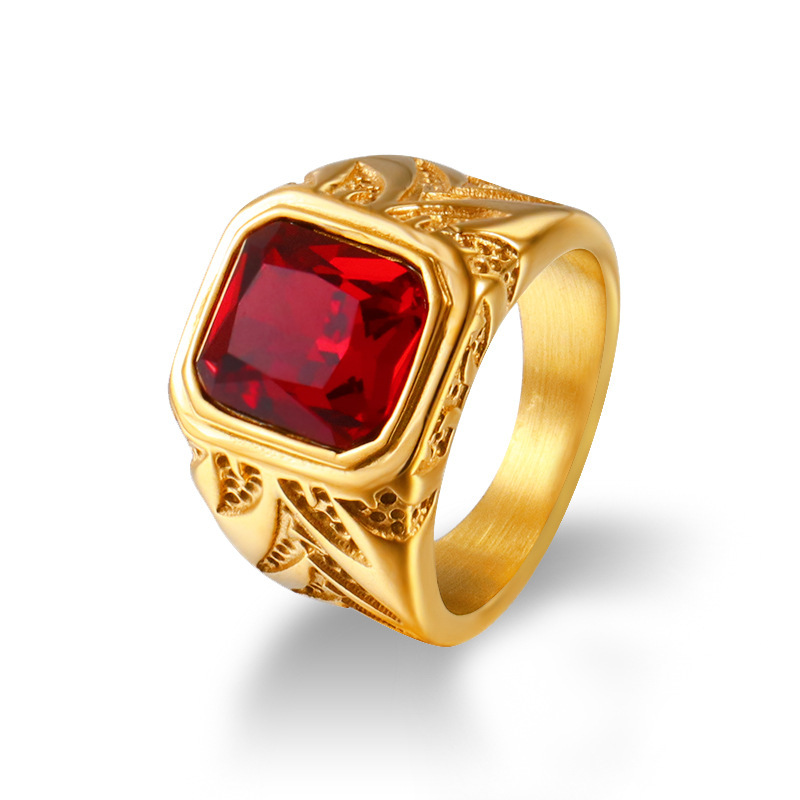 Cincin Emas Hias Berlian Imitasi Merah Ukuran 15.5mm Gaya Eropa Dan Amerika