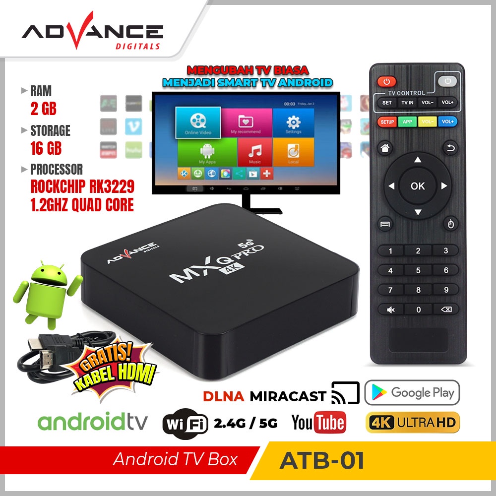 READY STOCK Advance Android TV BOX ATB-01 Digital Online TV BOX 5G 2G+16G 4K Internet Smart TV Garansi Resmi 1 tahun