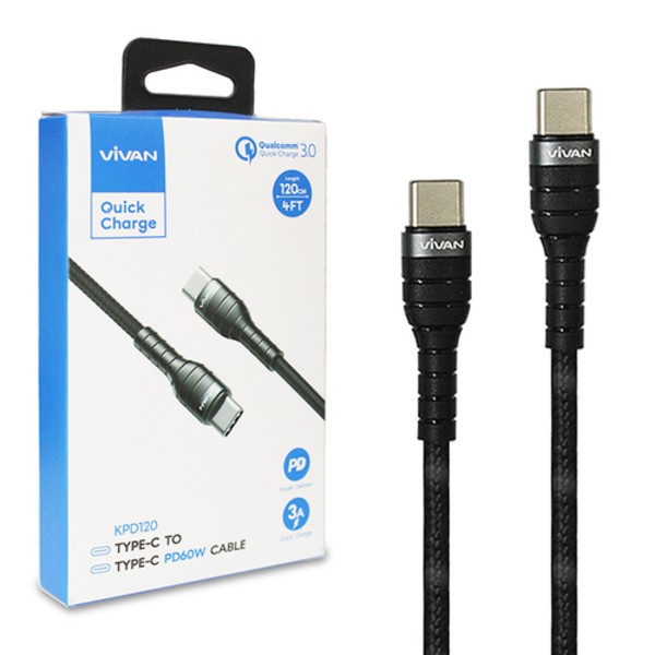 Kabel Data Type C to Type C Vivan KPD100S Panjang 100cm 60W 3A PD Quick Charger Original