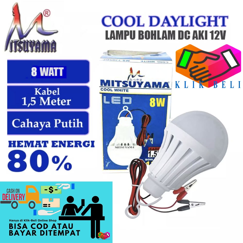 Lampu Bohlam DC 12V Bohlam Aki Jepit Baterai LED Putih Mitsuyama Panjang Kabel 1,5 Meter