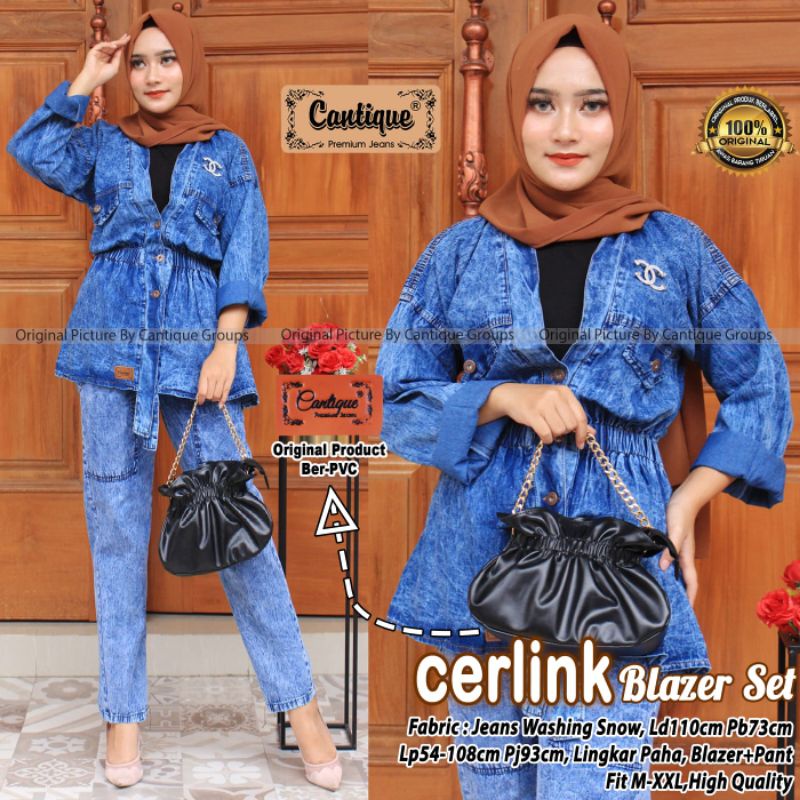 SETELAN JEANS WANITA CERLINK BLAZER SET BY CANTIQUE/JEANS WASHING SNOW LD 110/BLAZER DAN CELANA FIT 