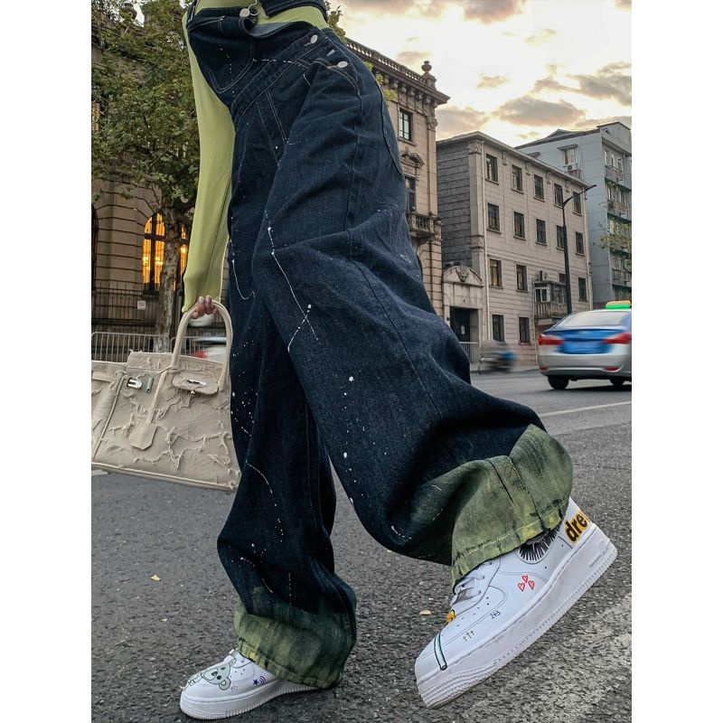 Kunbai ink suspender jeans wanita Amerika retro longgar lurus celana lebar kaki ins celana ramping w