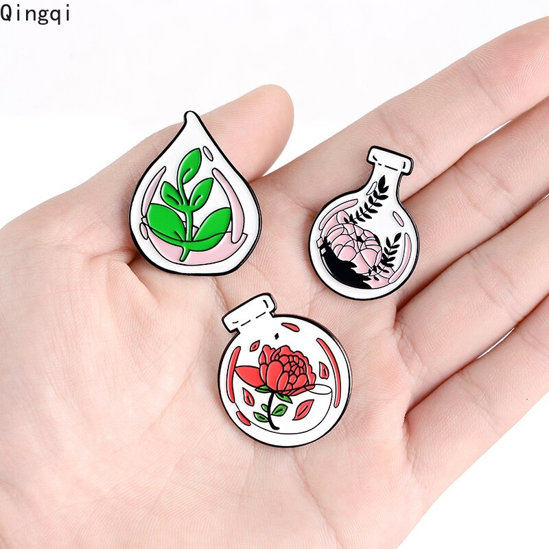 Bros Pin Enamel Bentuk Tanaman Bunga Mawar Daun Botol Bahan Zinc Alloy Untuk Jaket Denim