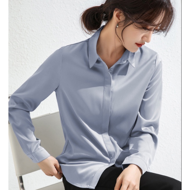 【Moon Blush】Kmeja Wanita Lengan Panjang-Korean Halus Lembut Solid Button  Satin Shirt 7248