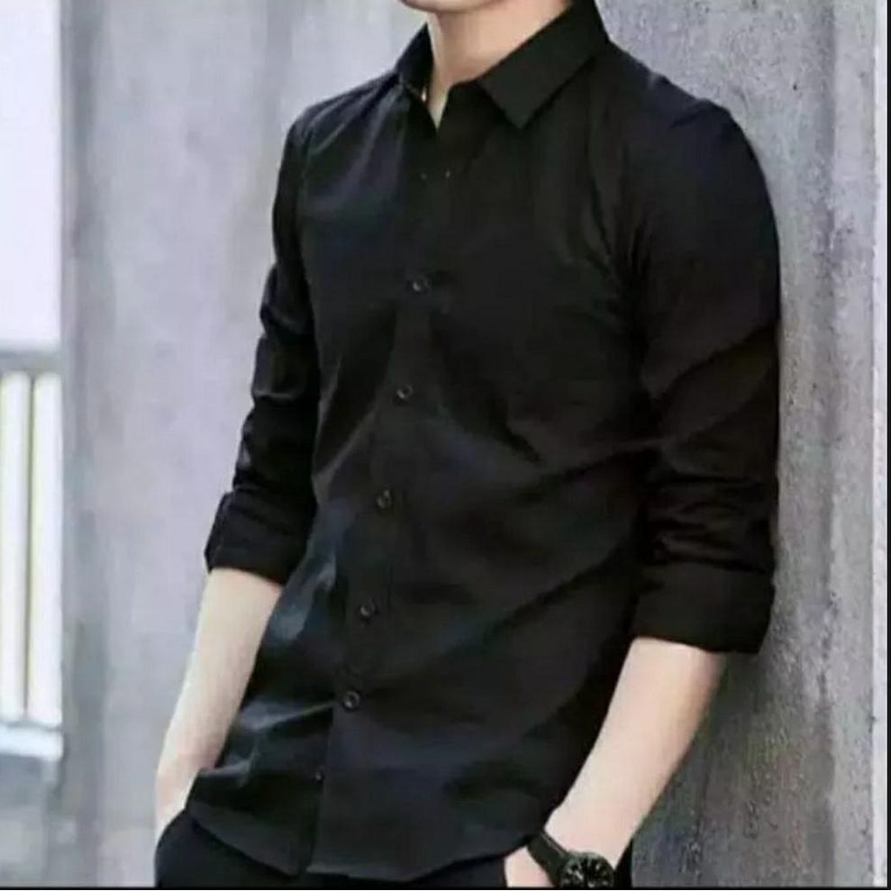 GU.26Au22υ ◦ Kemeja Cowok polos lengan panjang slimfit hem pria kantor hitam navy putih