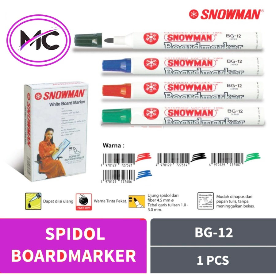 Spidol Whiteboard Snowman Non Permanen Spidol Papan Tulis Warna Hitam Biru Merah Hijau Asli Original Sepidol Non Permanent