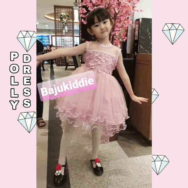 POLLY DRESS PESTA ANAK PEREMPUAN BIRU PINK / GAUN TUTU NATAL BUNGA BLUE IMPORT MURAH BAGUS